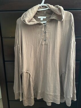 Pure Jill Button-Placket Gauze Hoodie shirt in Light Taupe with pockets